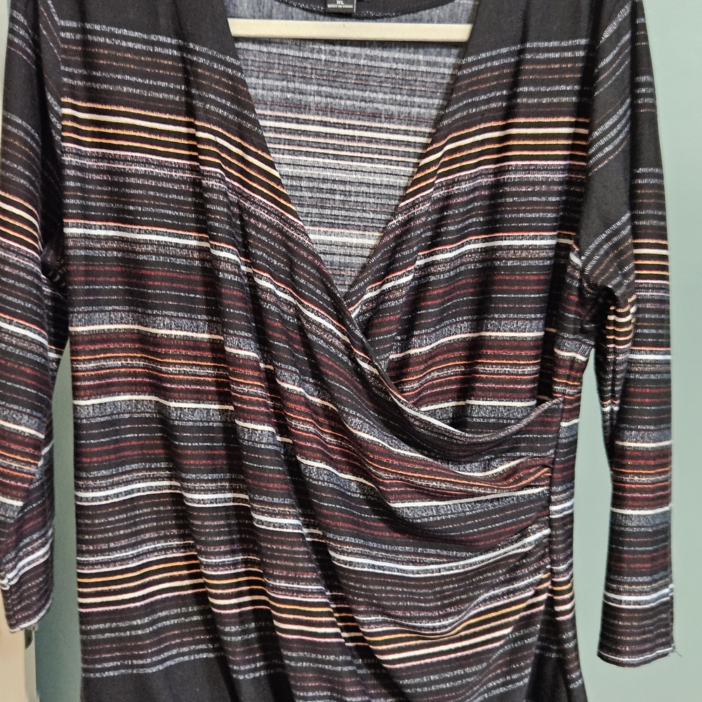New Directions Black and Brown Striped Blouse
